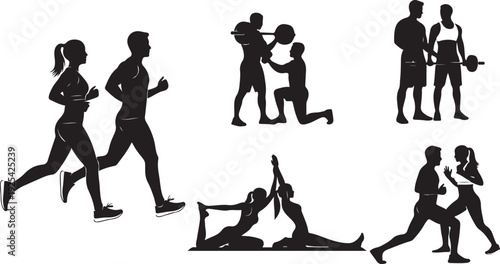 Silhouettes of people engaging in various fitness activities and exercises black