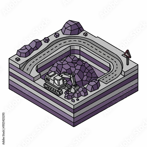 Isometric Mining Site with Excavator and Rocks.