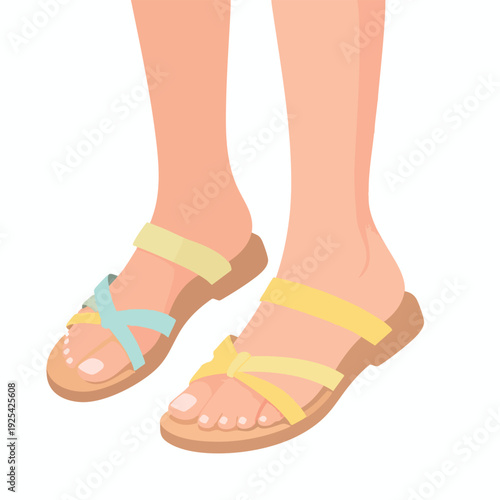 Illustration of a pair of feet wearing colorful sandals on a white background from a front viewpoint