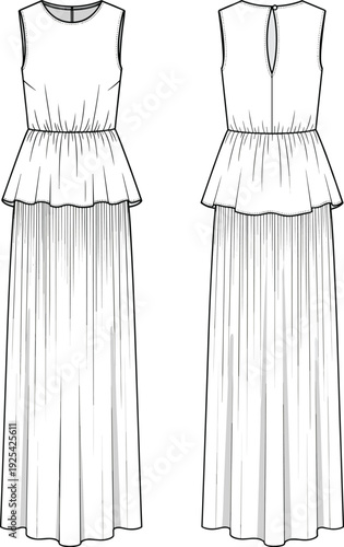 Sleeveless maxi dress illustration, peplum detail overlay, pleated skirt design, round neckline, keyhole back opening, technical fashion garment sketch