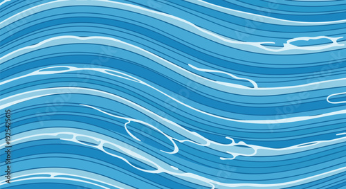 Dynamic aquatic flow pattern with abstract stylized blue ocean waves and gentle foamy crests creating a serene liquid background