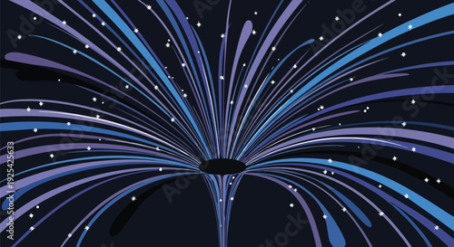 Abstract cosmic energy flow with radiating blue and purple lines, scattered stars, centered on a dark vortex, depicting universal movement and