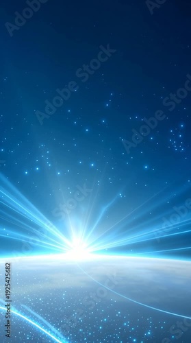 Blue glowing light emerging from a horizon with stars and light streaks