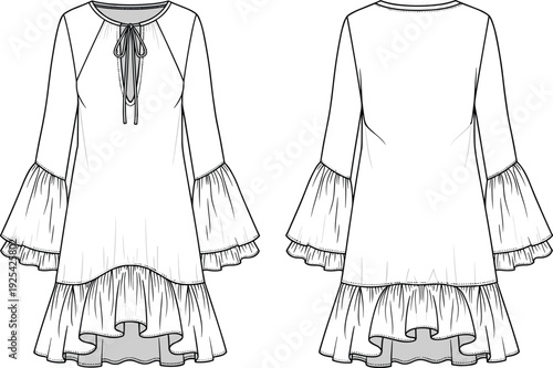 Women’s dress illustration, long raglan sleeves, tiered ruffle cuffs, high-low hemline, A-line silhouette, fashion garment drawing, couture clothing design artwork