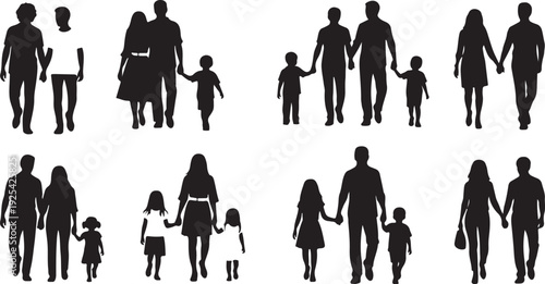 Silhouettes of various family groups holding hands in different formations black