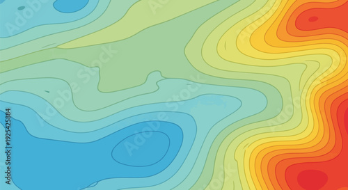 Dynamic topographical gradient map illustrating complex elevation changes across a varied simulated landscape, featuring a vivid spectrum of warm