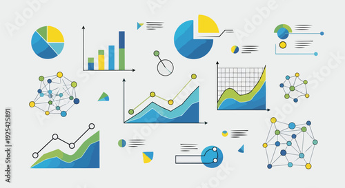 Comprehensive visualization of diverse statistical data elements including pie charts, bar graphs, and flowing line diagrams for business analytics