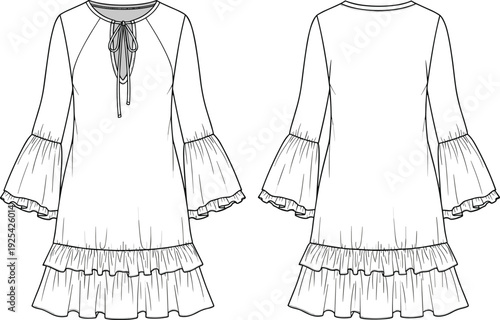 Women’s dress illustration, long raglan sleeves, tiered ruffle cuffs, layered hemline, round neckline, fashion garment drawing, couture clothing design artwork