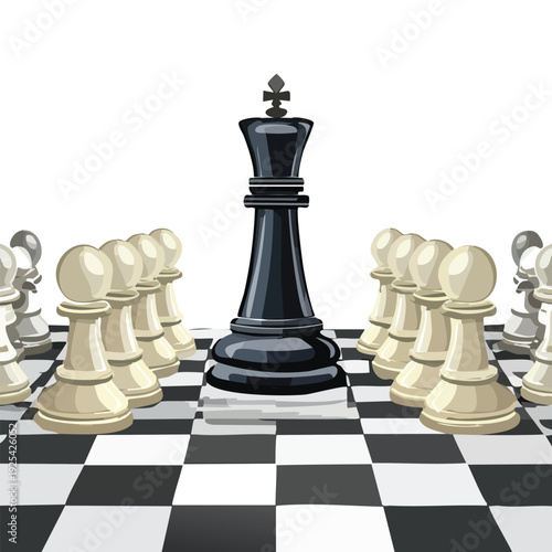 Chess king surrounded by pawns on checkered board
