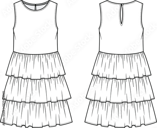 Sleeveless tiered dress illustration, front and back view, fashion design drawing, garment construction artwork, layered skirt style, technical clothing graphic