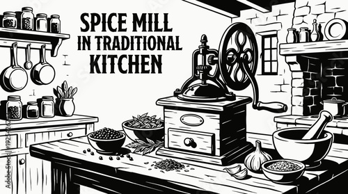 spice mill used in a traditional kitchen representing culinary preparation natural ingredients and cultural cooking techniques