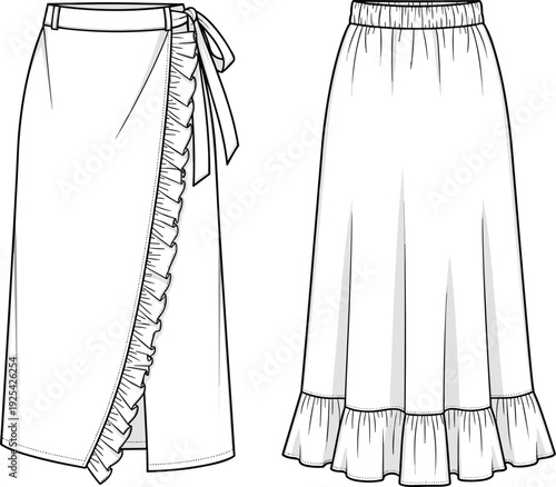Wrap skirt with ruffle edge, tie waist design, long flared skirt, elastic waistband, gathered hem, fashion illustration, sewing pattern