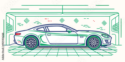 Stylized illustration of a modern sports car moving through an automated car wash tunnel