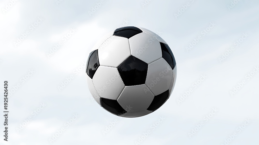 Naklejka premium A soccer ball floating against a cloudy sky background