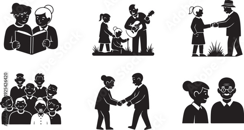 Black and white silhouettes of people engaging in various activities and interactions