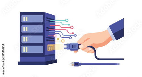 Hand plugging network cable into server rack. Data center infrastructure, IT maintenance, cloud computing, and internet connection concept. Digital technology setup.