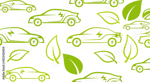 Seamless pattern of green electric cars and leaves.