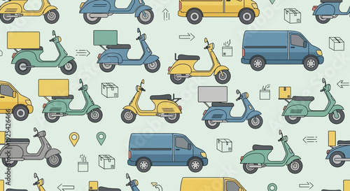Seamless delivery service pattern with scooters, vans, and packages