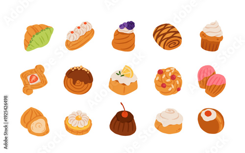 Sweet pastries and bakery desserts set. Flat vector illustration of cakes, buns, rolls, cupcakes and cookies. Cute cartoon confectionery collection isolated on white background