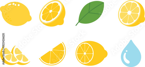 Flat minimalist lemon fruit icons with slices leaf and water drop, citrus vector illustration isolated set