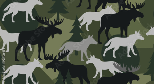 Seamless forest animal pattern with moose and wolves in camouflage colors.