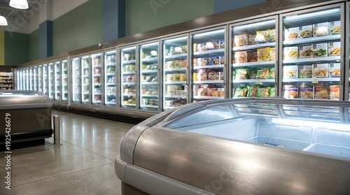 Long aisle of a modern grocery store with numerous brightly lit refrigerated display cases stocked with a variety of frozen food items.