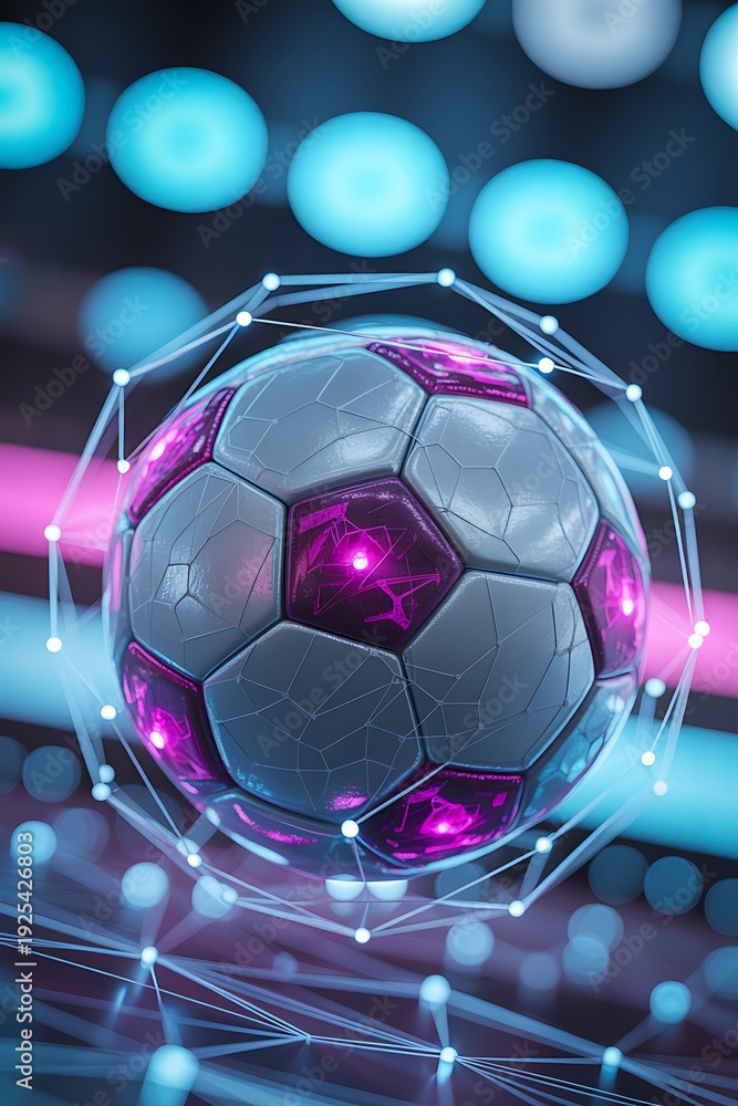 Naklejka premium Futuristic soccer ball surrounded by glowing digital nodes and light patterns