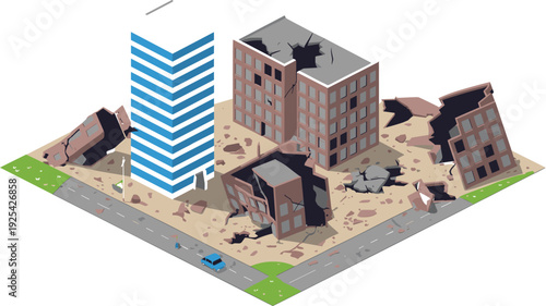 Isometric 3D earthquake damaged city block with collapsed buildings, cracked roads and rubble debris, urban disaster illustration