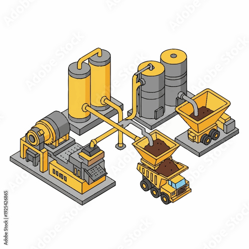 Industrial Machinery and Trucks in Factory Setting.