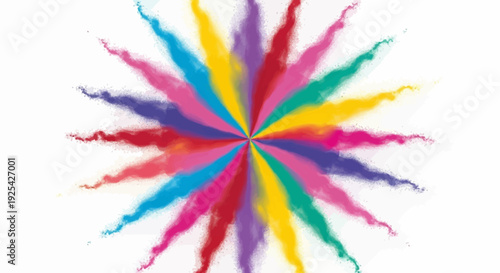 Vibrant Holi festival day illustration with colorful powder explosion in rainbow hues on a white background, symbolizing celebration and tradition.