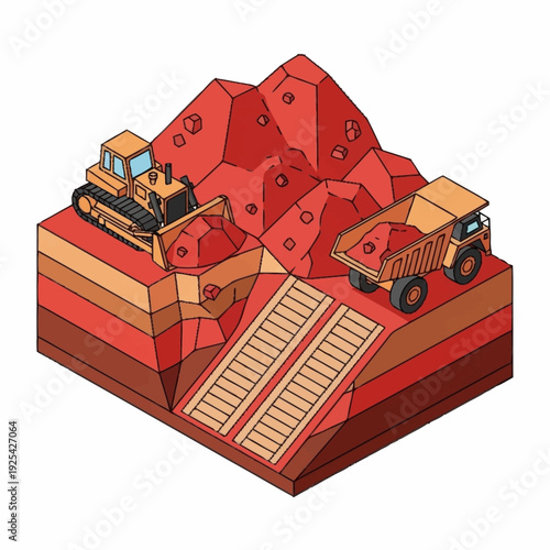 Isometric Illustration of Heavy Machinery Mining Iron Ore.