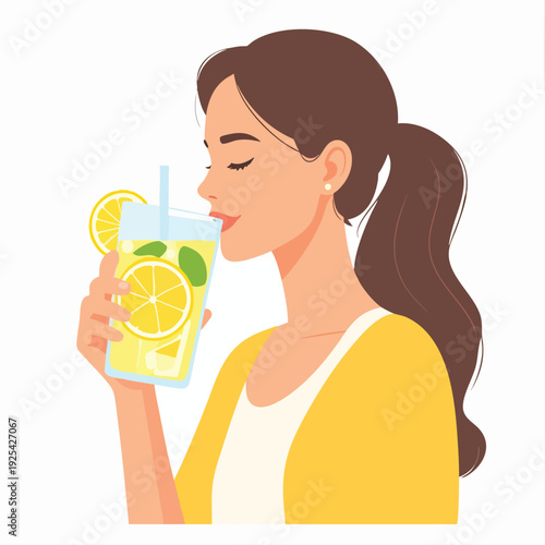 Woman enjoying a refreshing citrus drink with a straw and slice of orange