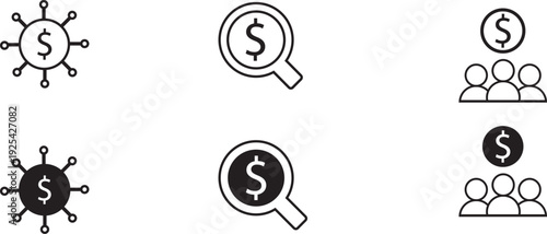 Finance and Investment Icons Set – Dollar Symbol, Search, Network, and Team Line Icons