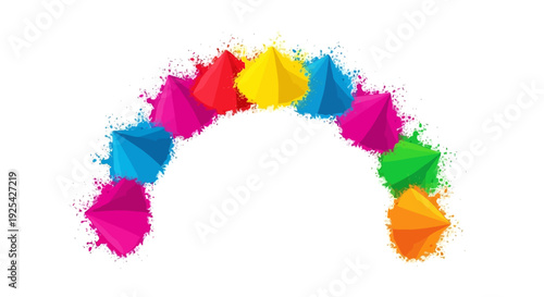 Colorful abstract illustration of Holi festival powder arches against a white background with rainbow hues and vibrant design elements.