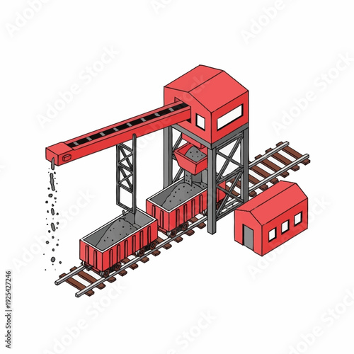 Red Train Cars Under Industrial Loader.