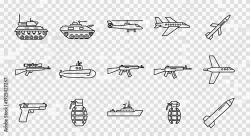 Collection of hand drawn military vehicles and weapons icons.
