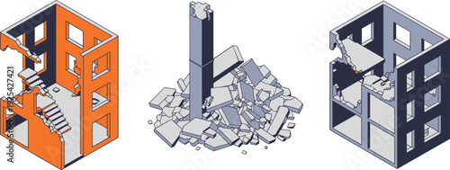 Isometric earthquake damaged residential building with rubble debris pile, broken walls and collapsed structure, flat vector disaster illustration