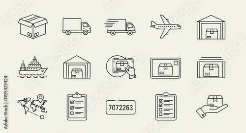 Collection of hand drawn logistics and shipping icons.
