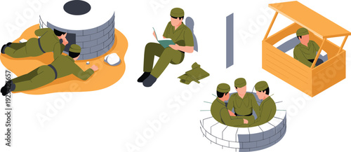 Isometric military bunker and guard post set with soldiers resting, reading and defending, flat vector illustration