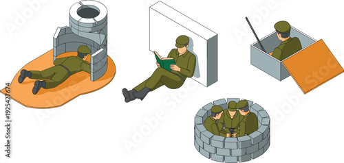 Isometric military bunker and soldier positions set, guard duty, trench defense and watch post, flat vector illustration