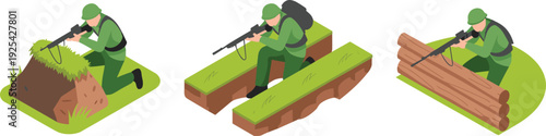Isometric military soldier set with rifle in combat positions, kneeling behind cover, flat vector army illustration