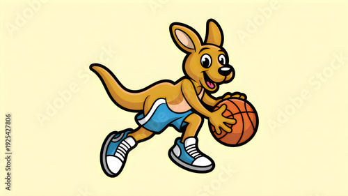 Cartoon kangaroo dribbling basketball wearing blue shorts sneakers