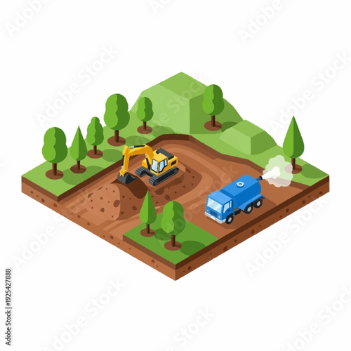 Isometric Excavator and Dump Truck on Site.