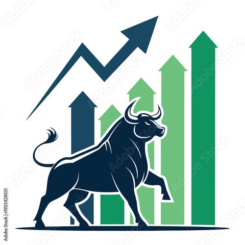 A strong bull stands before rising bar graphs symbolizing a bullish market and growth high quality