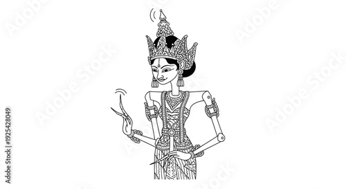 Traditional Javanese Wayang Kulit Shadow Puppet of a Female Dancer with Elaborate Headdress
