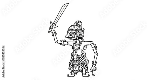 Traditional Javanese Wayang Kulit Shadow Puppet Warrior with Sword, Black and White Line Art