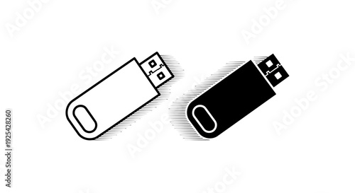 USB Flash Drive Icon Set: Black and White, Digital Storage, Data Transfer, Portable Memory