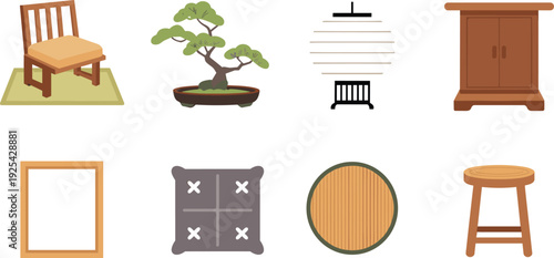 Japanese minimalist furniture and decor set with chair bonsai lantern cabinet frame cushion tray stool