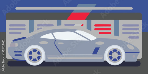 Stylized geometric illustration of a modern sports car parked inside a minimalist garage scene