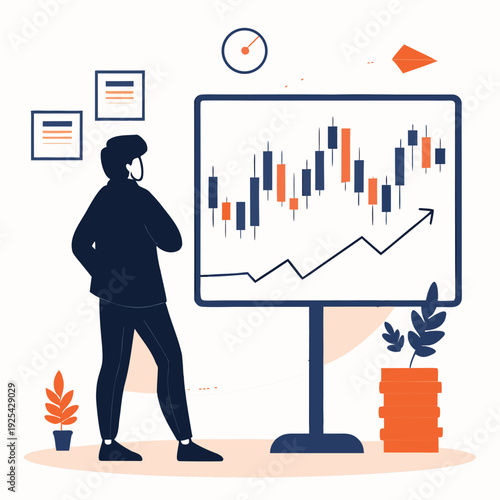 A person analyzes a stock market chart displayed on a large screen contemplating investment strategies